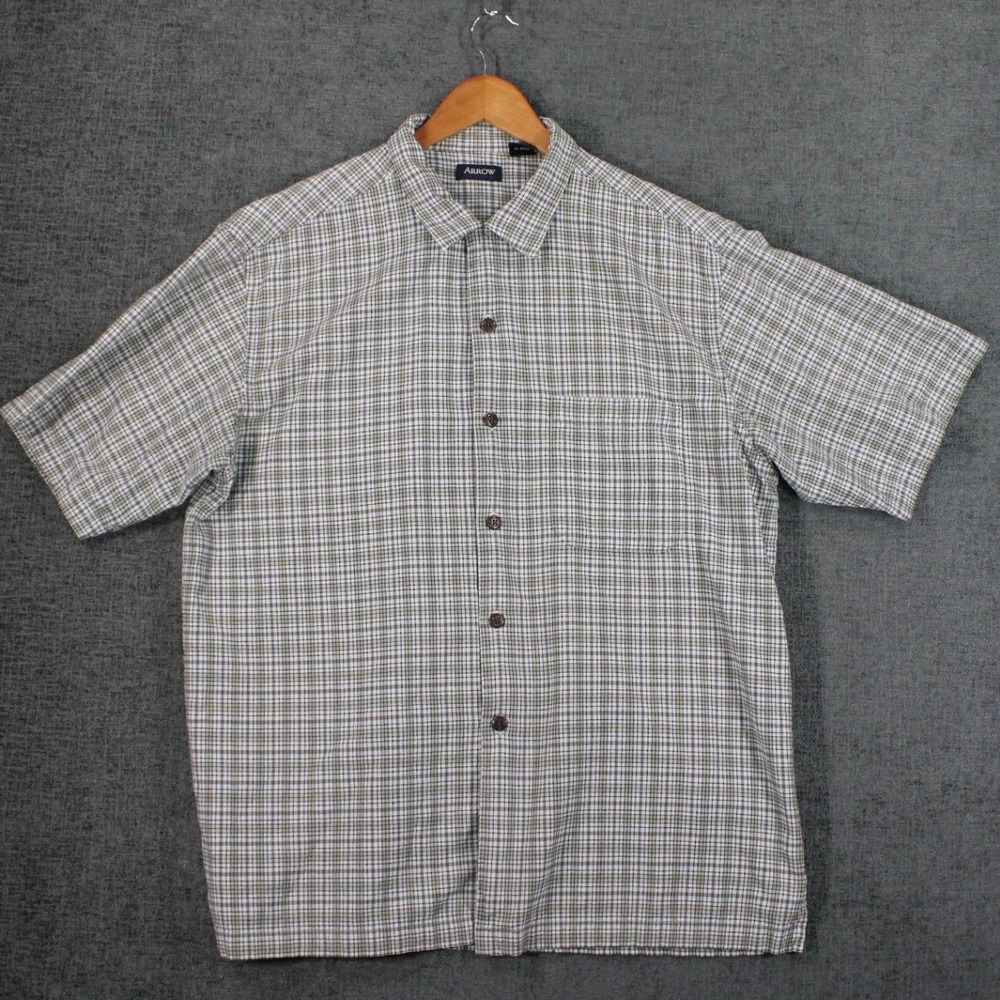 Arrow Mens Large Green Plaid Short Sleeve 100% Cotton Button Down Shirt